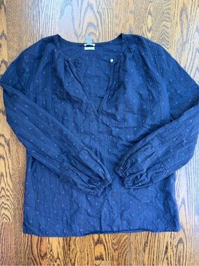 Massimo Alba Navy Patterned Long-Sleeve Cotton Linen Quiet Luxury Peasant Blouse
